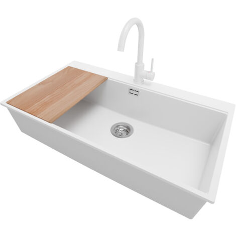 PRIMAGRAN Evier Cuisine en Granit 88x50cm, Lavabo 1 bac + Robinet 32x20cm + Kit de Vidage + Planche à Découper, Évier à Encastrer au meuble 90cm - Oslo, Blanc