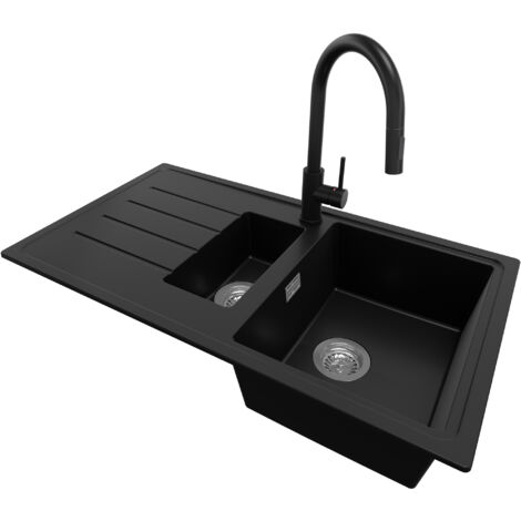 PRIMAGRAN Evier Cuisine en Granit 90x50cm, Lavabo 1,5 bacs + Robinet 40x20cm + Kit de Vidage, Évier à Encastrer au meuble 60cm - Copenhague Duo, Noir