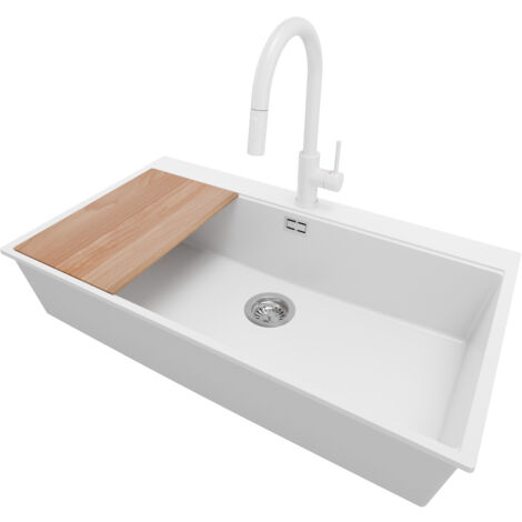 PRIMAGRAN Evier Cuisine en Granit 88x50cm, Lavabo 1 bac + Robinet 40x20cm + Kit de Vidage + Planche à Découper, Évier à Encastrer au meuble 90cm - Oslo, Blanc (1/5)