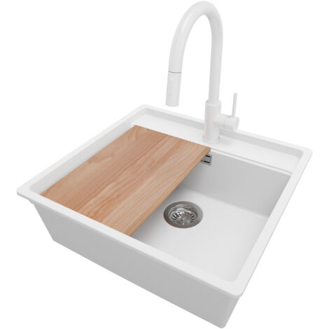 PRIMAGRAN Evier d'angle en Granit 56x53cm, Lavabo Cuisine 1 bac + Kit de Vidage + Accessoire, Évier à Encastrer au meuble 60cm - Bergen, Blanc (1/5)