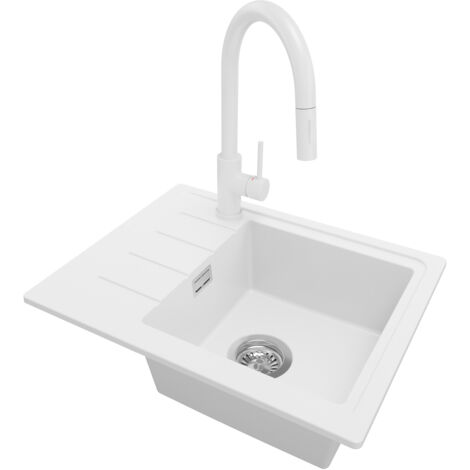 PRIMAGRAN Evier Cuisine en Granit 55x44cm, Lavabo 1 bac + Robinet 40x20cm + Kit de Vidage, Évier à Encastrer au meuble 45cm - Copenhague Easy, Blanc