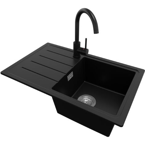 PRIMAGRAN Evier Cuisine en Granit 70x44cm, Lavabo 1 bac + Robinet 32x20cm + Kit de Vidage, Évier à Encastrer au meuble 45cm - Copenhague Easy, Noir