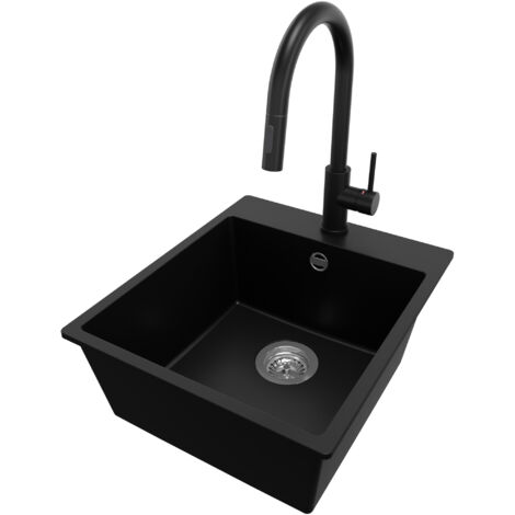 PRIMAGRAN Evier Cuisine en Granit 43x50cm, Lavabo 1 bac + Robinet 40x20cm + Kit de Vidage, Évier à Encastrer au meuble 45cm - Riga, Noir (1/5)