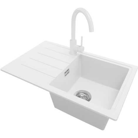 PRIMAGRAN Evier Cuisine en Granit 70x44cm, Lavabo 1 bac + Robinet 32x20cm + Kit de Vidage, Évier à Encastrer au meuble 45cm - Copenhague Easy, Blanc