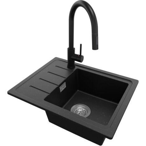 Lavabo Cuisine en Granit 55 x 44 cm Evier 1 bac + Robinet + Kit de Vidage, Évier à Encastrer de Primagran, Noir Metallic