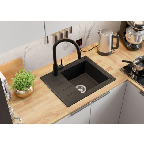 Lavabo Cuisine en Granit 55 x 44 cm Evier 1 bac + Robinet + Kit de Vidage, Évier à Encastrer de Primagran, Noir Metallic