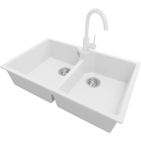 PRIMAGRAN Evier Cuisine en Granit 78x50cm, Lavabo 2 bacs + Robinet 32x20cm + Kit de Vidage, Évier à Encastrer au meuble 80cm - Madrid Twin, Blanc