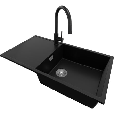 PRIMAGRAN Evier Cuisine en Granit 90x50cm, Lavabo 1 bac + Robinet 40x20cm + Kit de Vidage, Évier à Encastrer au meuble 60cm - Ibiza, Noir