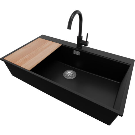 PRIMAGRAN Evier Cuisine en Granit 88x50cm, Lavabo 1 bac + Robinet 32x20cm + Kit de Vidage + Planche à Découper, Évier à Encastrer au meuble 90cm - Oslo, Noir