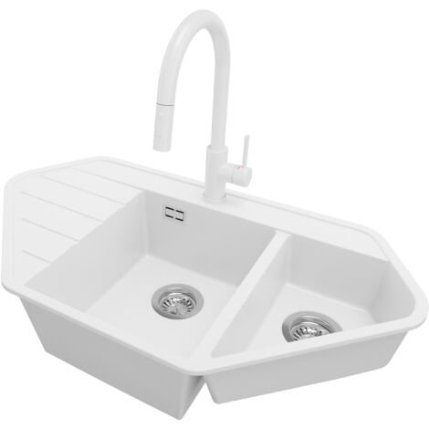 PRIMAGRAN Evier d'angle en Granit 90x50cm, Lavabo Cuisine 1,5 bacs + Kit de Vidage + Accessoire, Évier à Encastrer au meuble 80cm - Copenhague Corner, Blanc