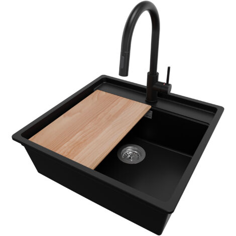 PRIMAGRAN Evier d'angle en Granit 56x53cm, Lavabo Cuisine 1 bac + Robinet 40x20cm + Kit de Vidage + Accessoire, Évier à Encastrer au meuble 60cm - Bergen, Noir (1/5)