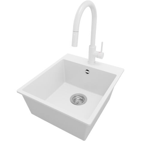 PRIMAGRAN Evier Cuisine en Granit 43x50cm, Lavabo 1 bac + Robinet 40x20cm + Kit de Vidage, Évier à Encastrer au meuble 45cm - Riga, Blanc (1/5)