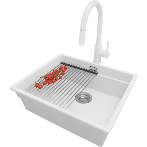 PRIMAGRAN Evier Cuisine en Granit 56x47cm, Lavabo 1 bac + Robinet 40x20cm + Kit de Vidage + Accessoire, Évier à Encastrer au meuble 60cm - Prague Slim, Blanc (1/5)