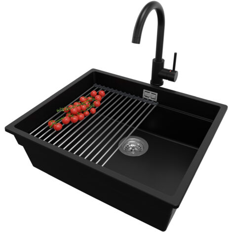 PRIMAGRAN Evier Cuisine en Granit 56x47cm, Lavabo 1 bac + Robinet 32x20cm + Kit de Vidage + Accessoire, Évier à Encastrer au meuble 60cm - Prague Slim, Noir (1/5)