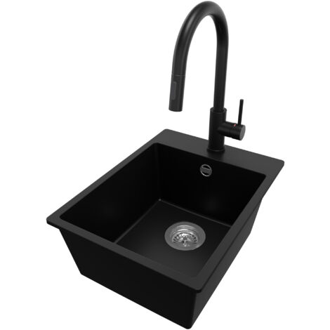 PRIMAGRAN Evier Cuisine en Granit 38x50cm, Lavabo 1 bac + Robinet 40x20cm + Kit de Vidage, Évier à Encastrer au meuble 40cm - Riga, Noir