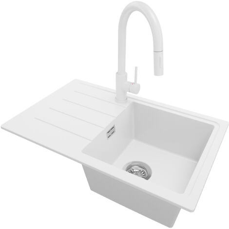 PRIMAGRAN Evier Cuisine en Granit 70x44cm, Lavabo 1 bac + Robinet 40x20cm + Kit de Vidage, Évier à Encastrer au meuble 45cm - Copenhague Easy, Blanc