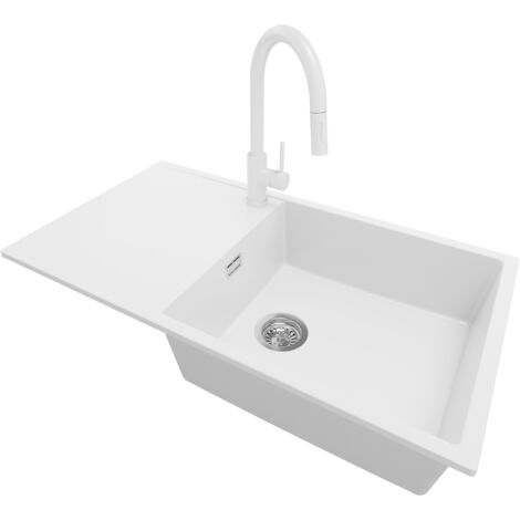 PRIMAGRAN Evier Cuisine en Granit 90x50cm, Lavabo 1 bac + Robinet 40x20cm + Kit de Vidage, Évier à Encastrer au meuble 60cm - Ibiza, Blanc