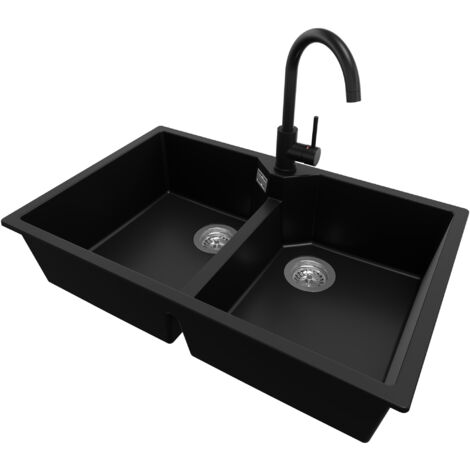 PRIMAGRAN Evier Cuisine en Granit 78x50cm, Lavabo 2 bacs + Robinet 32x20cm + Kit de Vidage, Évier à Encastrer au meuble 80cm - Madrid Twin, Noir