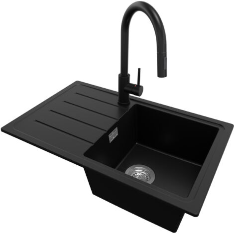 PRIMAGRAN Evier Cuisine en Granit 70x44cm, Lavabo 1 bac + Robinet 40x20cm + Kit de Vidage, Évier à Encastrer au meuble 45cm - Copenhague Easy, Noir
