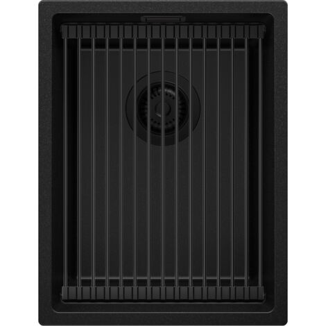 PRIMAGRAN Evier Cuisine en Granit 36x47cm, Lavabo 1 bac + Kit de Vidage + Égouttoir Enroulable, Évier à Encastrer au meuble 40cm - Prague Slim, Tout Noir (1/5)