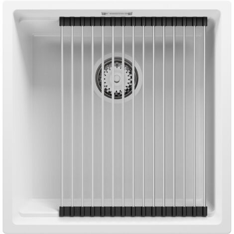 PRIMAGRAN Evier Cuisine en Granit 46x47cm, Lavabo 1 bac + Kit de Vidage + Égouttoir Enroulable, Évier à Encastrer au meuble 50cm - Prague Slim, Blanc (1/5)