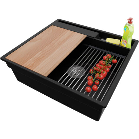 PRIMAGRAN Evier Cuisine en Granit 58x53cm, Lavabo 1 bac + Kit de Vidage + Accessoires, Évier à Encastrer au meuble 60cm - Oslo Pocket, Noir