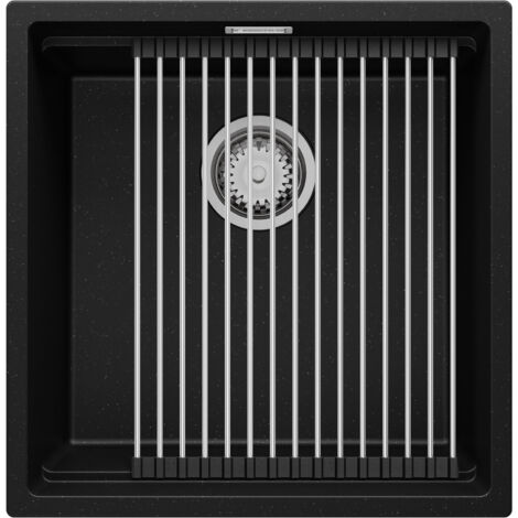PRIMAGRAN Evier Cuisine en Granit 46x47cm, Lavabo 1 bac + Kit de Vidage + Égouttoir Enroulable, Évier à Encastrer au meuble 50cm - Prague Slim, Noir Métallisé (1/5)