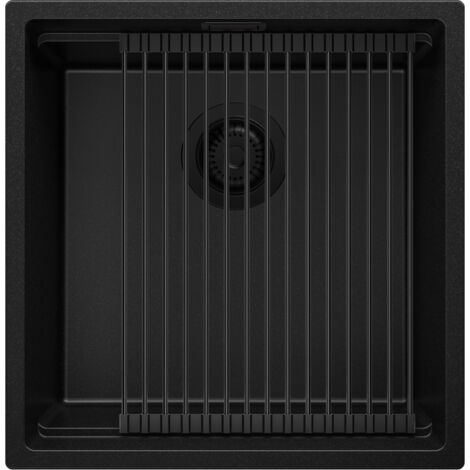 PRIMAGRAN Evier Cuisine en Granit 46x47cm, Lavabo 1 bac + Kit de Vidage + Égouttoir Enroulable, Évier à Encastrer au meuble 50cm - Prague Slim, Tout Noir (1/5)