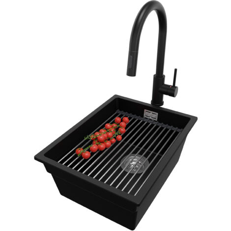 PRIMAGRAN Evier Cuisine en Granit 36x47cm, Lavabo 1 bac + Robinet 40x20cm + Kit de Vidage + Accessoire, Évier à Encastrer au meuble 40cm - Prague Slim, Noir (1/5)