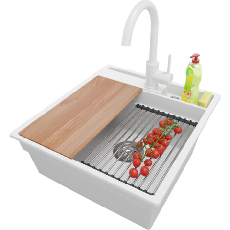 PRIMAGRAN Evier Cuisine en Granit 48x53cm, Lavabo 1 bac + Robinet 32x20cm + Kit de Vidage + Accessoires, Évier à Encastrer au meuble 50cm - Oslo Pocket, Blanc (1/5)