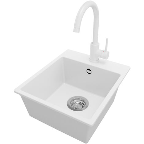 PRIMAGRAN Evier Cuisine en Granit 38x44cm, Lavabo 1 bac + Robinet 32x20cm + Kit de Vidage, Évier à Encastrer au meuble 40cm - Riga Easy, Blanc