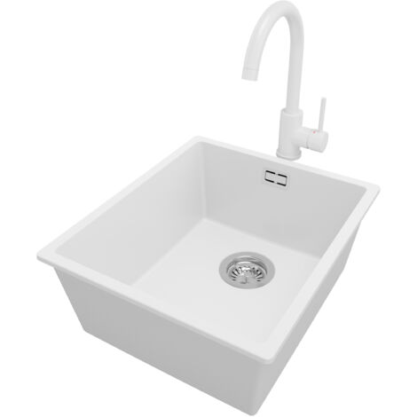 PRIMAGRAN Evier Cuisine en Granit 41x47cm, Lavabo 1 bac + Robinet 32x20cm + Kit de Vidage, Évier à Encastrer au meuble 45cm - London Slim, Blanc (1/5)