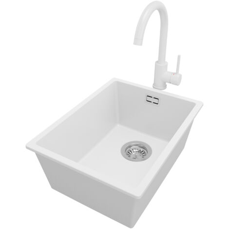 PRIMAGRAN Evier Cuisine en Granit 36x47cm, Lavabo 1 bac + Robinet 32x20cm + Kit de Vidage, Évier à Encastrer au meuble 40cm - London Slim, Blanc (1/5)