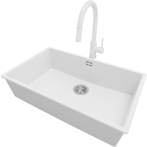 PRIMAGRAN Evier Cuisine en Granit 76x47cm, Lavabo 1 bac + Robinet 40x20cm + Kit de Vidage, Évier à Encastrer au meuble 80cm - London Slim, Blanc (1/5)