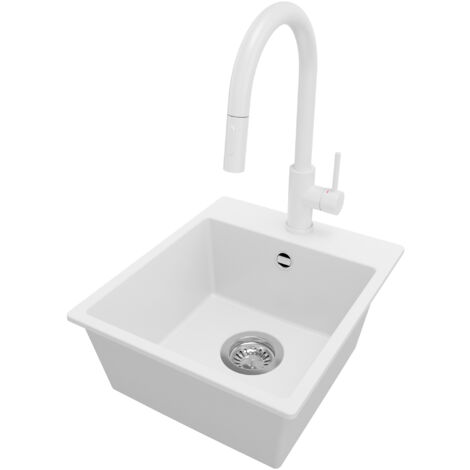 PRIMAGRAN Evier Cuisine en Granit 38x44cm, Lavabo 1 bac + Robinet 40x20cm + Kit de Vidage, Évier à Encastrer au meuble 40cm - Riga Easy, Blanc