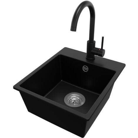 PRIMAGRAN Evier Cuisine en Granit 38x44cm, Lavabo 1 bac + Robinet 32x20cm + Kit de Vidage, Évier à Encastrer au meuble 40cm - Riga Easy, Noir