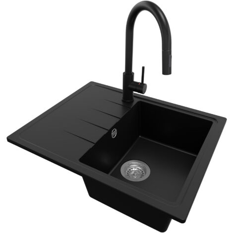 PRIMAGRAN Evier Cuisine en Granit 62x50cm, Lavabo 1 bac + Robinet 40x20cm + Kit de Vidage, Évier à Encastrer au meuble 40cm - Milan, Noir (1/5)