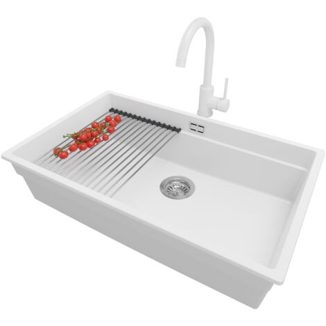 PRIMAGRAN Evier Sous Plan 76x47cm, Evier en Granit 1 bac + Robinet 32x20cm + Kit de Vidage + Égouttoir Enroulable, Évier au meuble 80cm - Prague, Blanc (1/5)