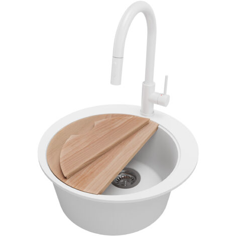 PRIMAGRAN Evier cuisine Granit Rond 50x50cm, Evier 1 bac + Robinet 40x20cm + Kit de Vidage + Planche à Découper, Lavabo Cuisine au meuble 45cm - Pise, Blanc (1/5)