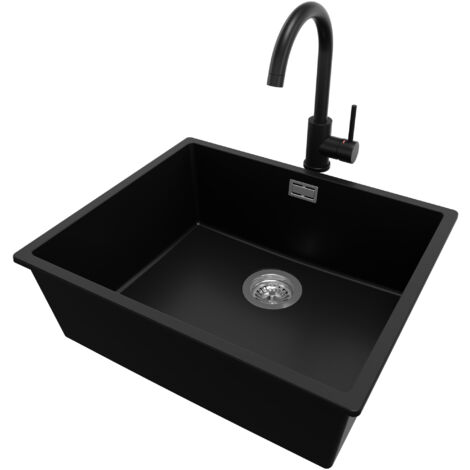 PRIMAGRAN Evier Cuisine en Granit 56x47cm, Lavabo 1 bac + Robinet 32x20cm + Kit de Vidage, Évier à Encastrer au meuble 60cm - London Slim, Noir (1/5)
