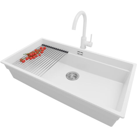 PRIMAGRAN Evier Cuisine en Granit 86x47cm, Lavabo 1 bac + Robinet 32x20cm + Kit de Vidage + Accessoire, Évier à Encastrer au meuble 90cm - Prague Slim, Blanc (1/5)