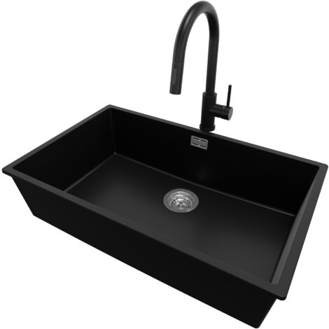 PRIMAGRAN Evier Cuisine en Granit 76x47cm, Lavabo 1 bac + Robinet 40x20cm + Kit de Vidage, Évier à Encastrer au meuble 80cm - London Slim, Noir (1/5)