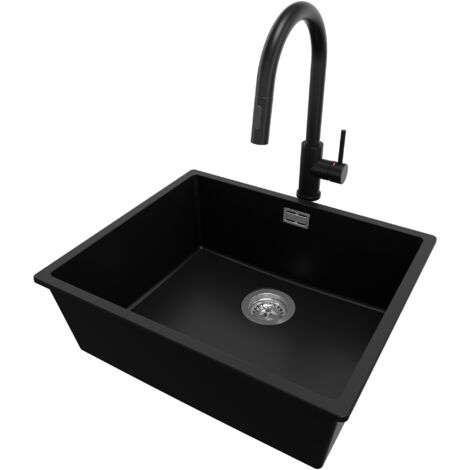 PRIMAGRAN Evier Sous Plan 56x47cm, Evier en Granit 1 bac + Robinet 40x20cm + Kit de Vidage, Évier au meuble 60cm - London, Noir (1/5)