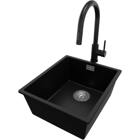 PRIMAGRAN Evier Cuisine en Granit 41x47cm, Lavabo 1 bac + Robinet 40x20cm + Kit de Vidage, Évier à Encastrer au meuble 45cm - London Slim, Noir (1/5)