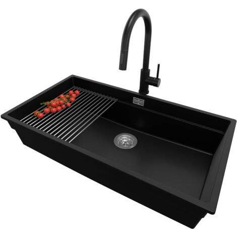 PRIMAGRAN Evier Cuisine en Granit 86x47cm, Lavabo 1 bac + Robinet 40x20cm + Kit de Vidage + Accessoire, Évier à Encastrer au meuble 90cm - Prague Slim, Noir (1/5)