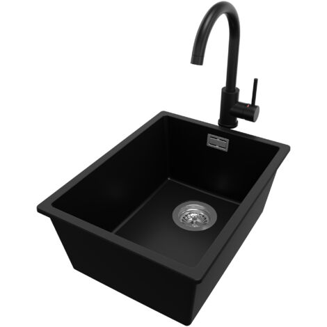 PRIMAGRAN Evier Cuisine en Granit 36x47cm, Lavabo 1 bac + Robinet 32x20cm + Kit de Vidage, Évier à Encastrer au meuble 40cm - London Slim, Noir (1/5)