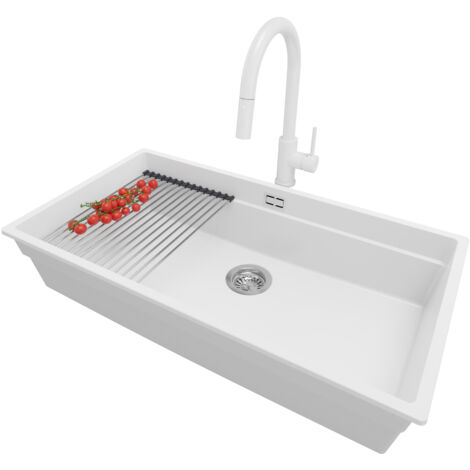 PRIMAGRAN Evier Sous Plan 86x47cm, Evier en Granit 1 bac + Robinet 40x20cm + Kit de Vidage + Égouttoir Enroulable, Évier au meuble 90cm - Prague, Blanc (1/5)