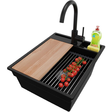 PRIMAGRAN Evier Cuisine en Granit 43x53cm, Lavabo 1 bac + Robinet 32x20cm + Kit de Vidage + Accessoires, Évier à Encastrer au meuble 45cm - Oslo Pocket, Noir (1/5)
