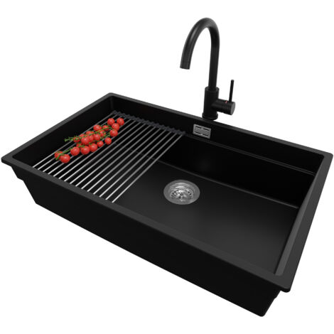 PRIMAGRAN Evier Sous Plan 76x47cm, Evier en Granit 1 bac + Robinet 32x20cm + Kit de Vidage + Égouttoir Enroulable, Évier au meuble 80cm - Prague, Noir (1/5)