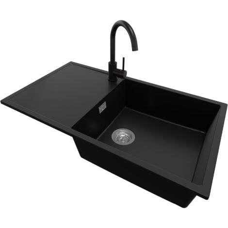PRIMAGRAN Evier Cuisine en Granit 90x50cm, Lavabo 1 bac + Robinet 32x20cm + Kit de Vidage, Évier à Encastrer au meuble 60cm - Ibiza, Noir